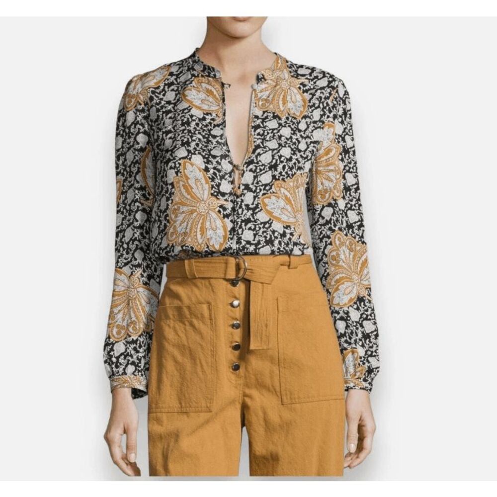 A.L.C. Lox Printed‎ Silk Blouse Peplum V-Neck Black and Gold Medallion Size 4